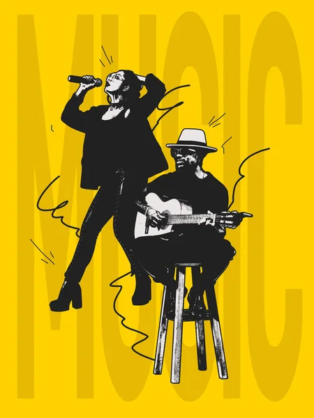 Contemporary art collage. Poster graphics. Young musicians performing, singing isolated over yellow background with lettering. Jazz concert. Concept of music, creativity, inspiration, imagination