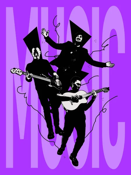 Cartaz Colagem Arte Contemporânea Jovens Músicos Tocando Tocando Guitarra Isolada — Fotografia de Stock