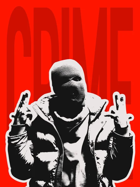 Contemporary art collage. Black and white man wearing balaclava isolated over bright red background with grey crime lettering. Poster graphics. Concept of youth culture, crime design, creativity