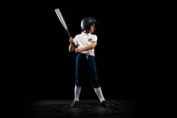 Входи Виходи Динамічний Портрет Маленького Бейсболіста Пітчера Синьо Білій Формі — стокове фото