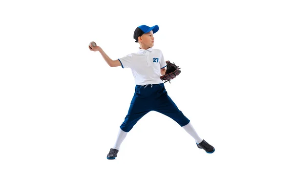 Kraftkast Liten Pojke Basebollspelare Kastare Blå Vit Uniform Utbildning Isolerad — Stockfoto