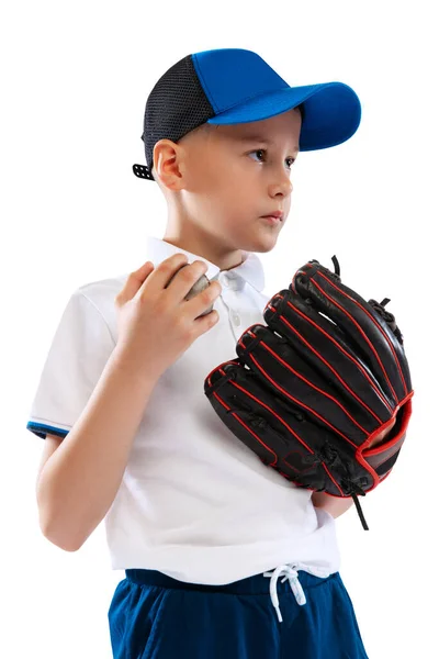 Retrato Criança Jogador Beisebol Iniciante Uniforme Esportivo Posando Com Luva — Fotografia de Stock