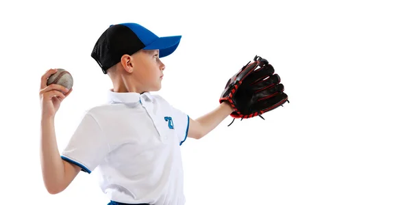 Liten Nybörjare Basebollspelare Sportuniform Spelar Baseball Isolerad Vit Bakgrund Begreppet — Stockfoto