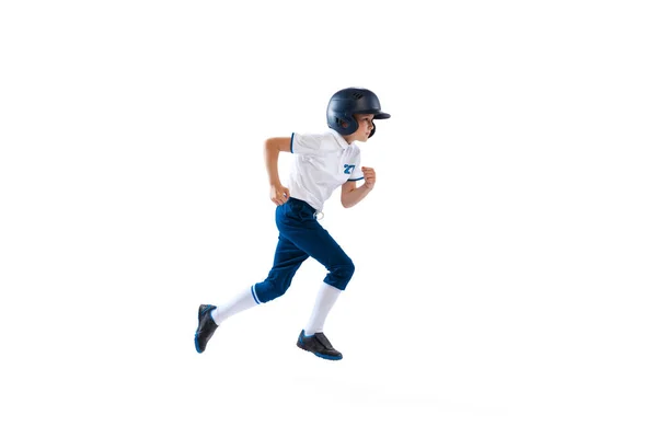 Sto Scappando Ragazzino Giocatore Baseball Lanciatore Uniforme Blu Bianca Isolato — Foto Stock