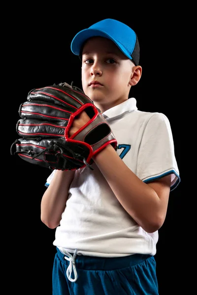 Retrato Meia Duração Criança Jogador Beisebol Iniciante Uniforme Esportivo Posando — Fotografia de Stock