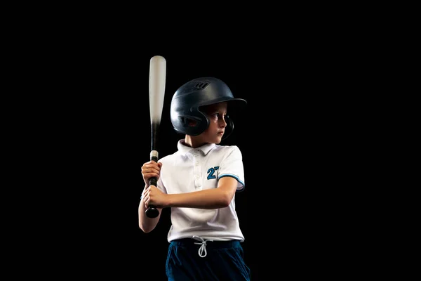 Joueur Offensif Portrait Dynamique Petit Joueur Baseball Lanceur Uniforme Bleu — Photo