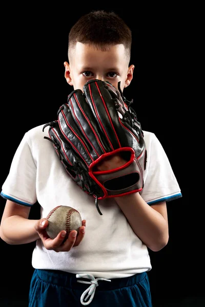 Retrato Meia Duração Criança Jogador Beisebol Iniciante Uniforme Esportivo Posando — Fotografia de Stock