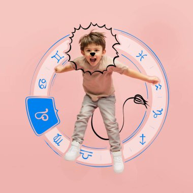 Leo! Pembe arka planda kalem çizimleriyle izole edilmiş zodyak tabelaları çizen şirin bir çocuk resmi. Doğum günü kavramı, karakter, yıl, yıldız falı. Kart için tasarım, kapak