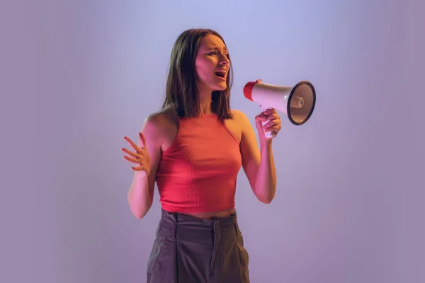 Attention News Excited Young Beautiful Girl Shouting Megaphone Isolated Gradient — Stock Photo, Image