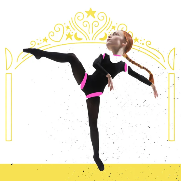 Contemporary art collage with young ballerina with drawn doll-puppet body dancing on colored background. Concept of manipulation, personal psychology , mental technique, motivation, addiction
