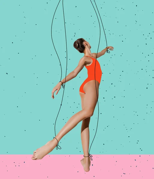 Collage Arte Contemporanea Donna Graziosa Ballerina Come Burattino Qualcuno Mani — Foto Stock