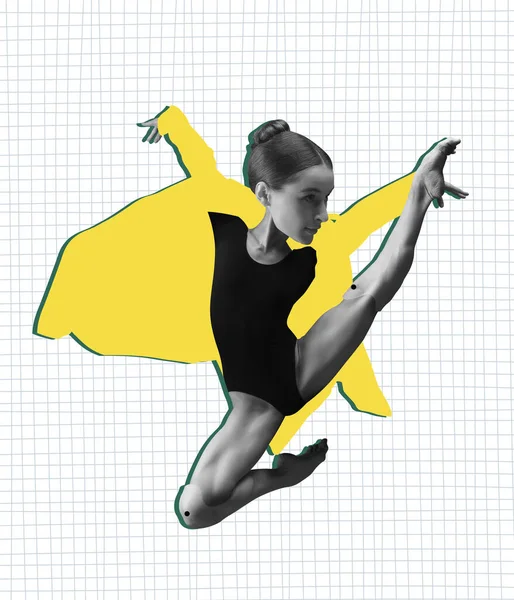 Contemporary art collage with young ballerina with drawn doll-puppet body dancing on colored background. Concept of manipulation, personal psychology , mental technique, motivation, addiction