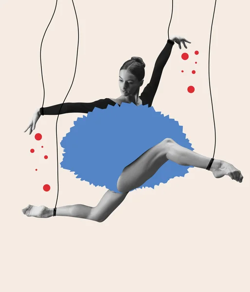 Solo. Contemporary art collage with flexible ballerina with drawn doll-puppet body dancing on colored background. Concept of manipulation, personal psychology , mental technique, motivation, addiction
