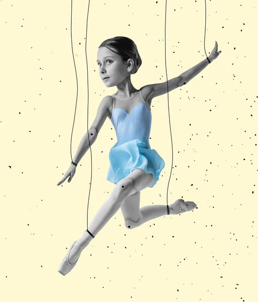 Parental control. Contemporary art collage with flexible ballerina with drawn doll-puppet body dancing on colored background. Concept of art, creativity, surrealism, ideas and studying