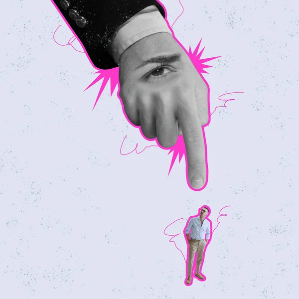 Collage Zeitgenössischer Kunst Konzeptionelles Bild Riesige Menschliche Hand Mit Einem — Stockfoto