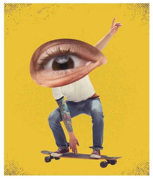 Stylish young man, hipster dressed in 50s, 60s style headed of big female eye skateboarding on yellow background. Contemporary modern collage, surrealism, art and creativity concept