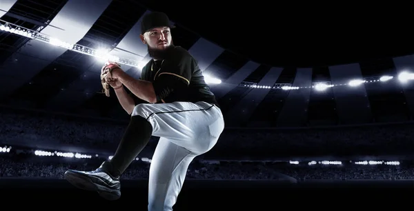 Lançamento Poderoso Colagem Esportiva Com Jogador Profissional Beisebol Com Luva — Fotografia de Stock