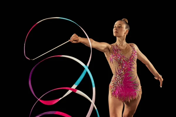 Lint Routine Een Jong Sportief Meisje Ritmische Gymnastiek Artiest Optredend — Stockfoto