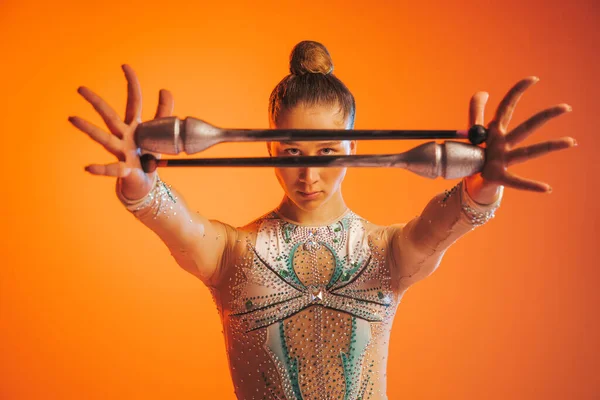Winnaar Blik Close Jonge Mooie Vrouw Ritmische Gymnastiek Kunstenaar Optreden — Stockfoto
