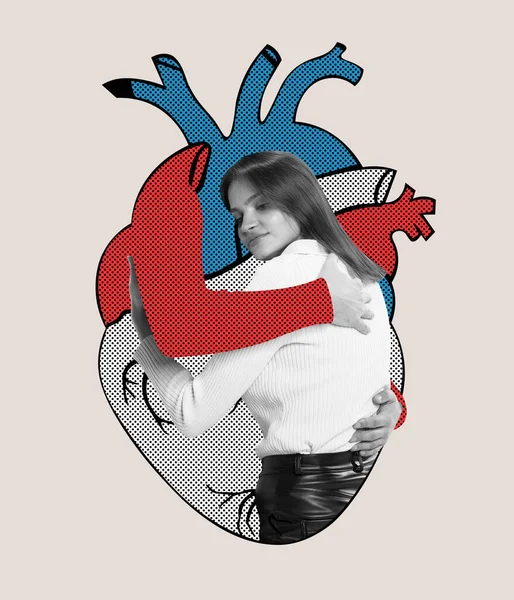 Soul Feelings Young Sad Woman Hugging Huge Drawn Human Heart — Stock Photo, Image