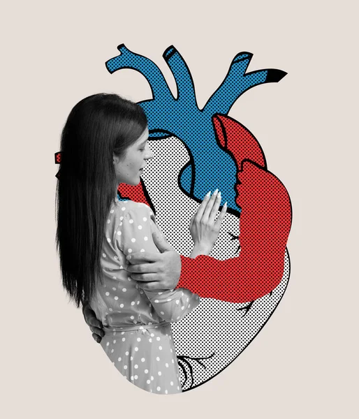 Love and memories. Young sad woman hugging huge drawn human heart over light background. Concept of care, health, medicine, support and treatment. Contemporary art collage. Copy space for ad