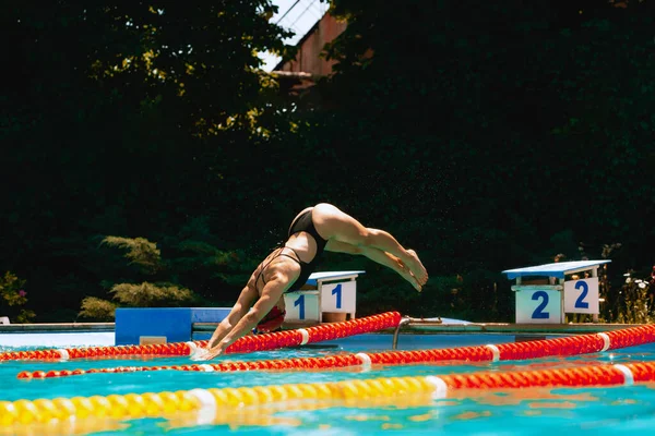 Início Competição Mulher Desportiva Nadadora Saltar Para Piscina Férias Estilo — Fotografia de Stock