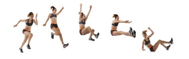 Uzun atlama tekniği. Beyaz arka planda atlayan spor üniformalı profesyonel bayan sporcunun resimlerinden yapılmış kolaj. Spor, eylem, hareket, hız, sağlıklı yaşam tarzı kavramı.