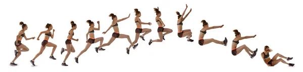Technika Skoku Dal Kolaż Wykonany Wizerunków Profesjonalnych Kobiet Sportowców Mundurze — Zdjęcie stockowe