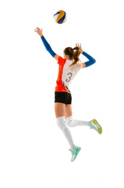 Servis yap. Spor üniformalı profesyonel voleybol oyuncusu, beyaz arka planda top izole edilmiş. Voleybol oynayan sporcu bir kadın. Eylem, spor, sağlık, takım, fitness konsepti