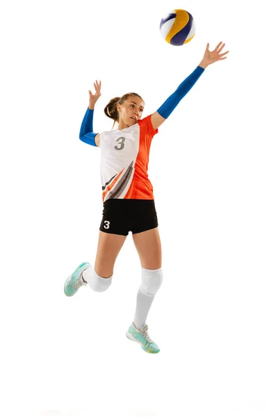Подавать Женский Профессиональный Волейболистка Спортивной Форме Тренировки Мячом Изолированы Белом — стоковое фото