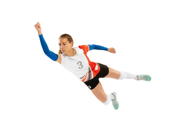 Joueuse Professionnelle Volley Ball Uniforme Sportif Avec Balle Isolée Sur — Photo