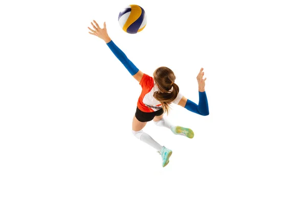 Sirva Salto Vista Aérea Jogador Profissional Voleibol Uniforme Esportivo Movimento — Fotografia de Stock