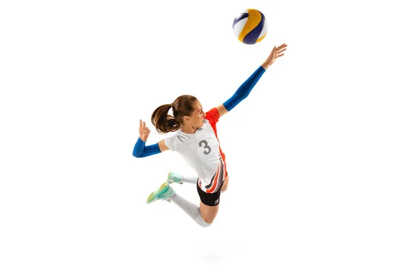 Servir Saut Vue Aérienne Joueur Professionnel Volley Ball Uniforme Sportif — Photo