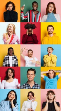 Öğrenciler. Çok ırklı kadın ve erkek modellerin portrelerinin kolajı. Yüz ifadesi, satış, reklam konsepti. Renkli geçmişleri olan farklı duyguları olan genç erkek ve kadınlar.