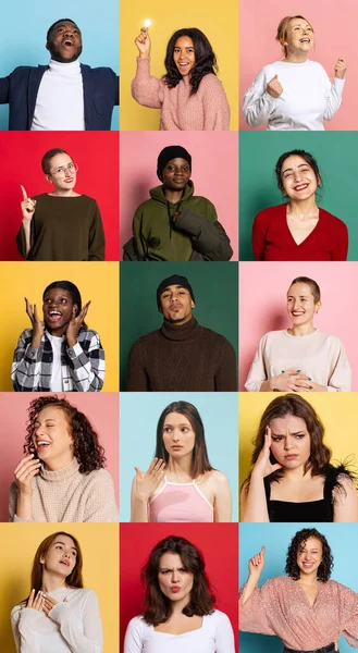 Career fair. Collage of portraits of expressive male and female models, multiethnic group. Facial expression, sales, ad concept. Young men and women with different emotions over colorful background