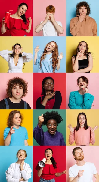 Ungdom Collage Porträtt Uttrycksfulla Manliga Och Kvinnliga Modeller Multietnisk Grupp — Stockfoto