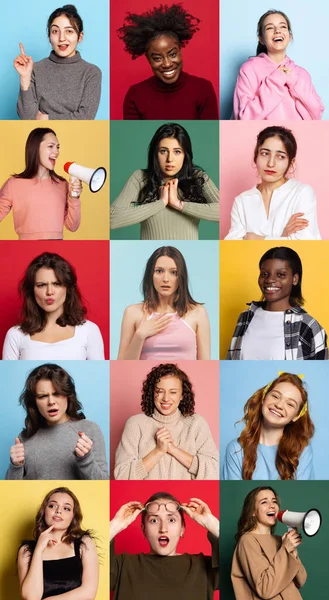 表現の男性と女性のモデル 多民族グループの縦の肖像画のセット 顔の表情 広告コンセプト カラフルな背景に異なる感情を持つ若い男性と女性 — ストック写真