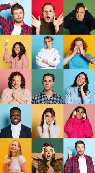 Human emotions. Collage of portraits of expressive male and female models, multiethnic group. Facial expression, sales, ad concept. Excited men and women wearing different style outfits over colorful