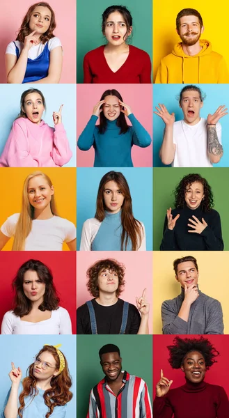 Job fair applicants. Collage of expressive male and female fashion models, multiethnic group. Facial expression, sales, ad concept. Young men and women with different emotions on bright background