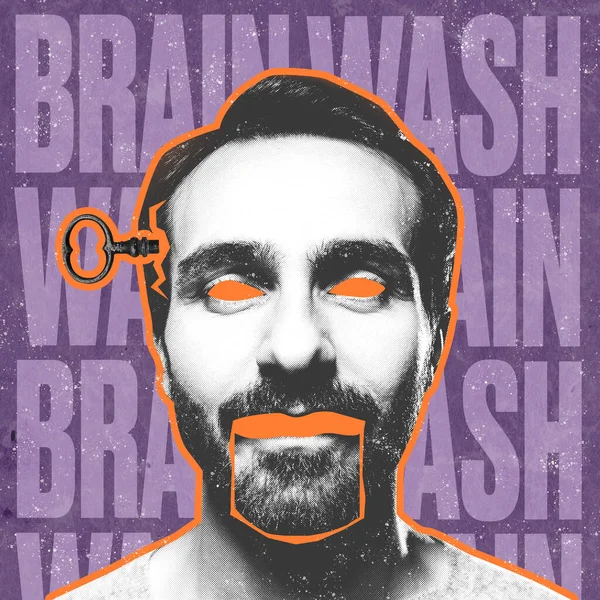 Brain wash. Young man in image of zombie with little drawn key in his head isolated over abstract background with lettering. Mind control. Surreal contemporary art collage. Propaganda, AI.