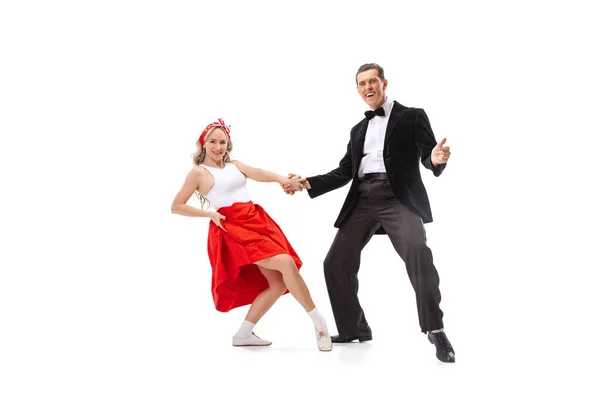 Expressieve Paar Dansers Vintage Retro Stijl Outfits Dansen Sociale Dans — Stockfoto
