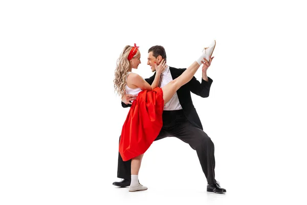 Leven Emoties Opgewonden Jonge Paar Dansers Vintage Retro Stijl Outfits — Stockfoto