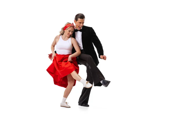 Leven Emoties Opgewonden Jonge Paar Dansers Vintage Retro Stijl Outfits — Stockfoto