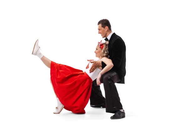 Dynamic Portrait Dancing Couple Vintage Style Clothes Dancing Jumping Isolated — Stock Photo, Image