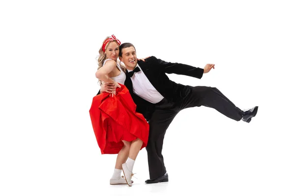 Couple Expressif Danseurs Dans Des Tenues Style Rétro Vintage Dansant — Photo