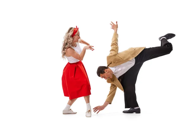 Live Emotions Excited Young Couple Dancers Vintage Retro Style Outfits — Stock Photo, Image