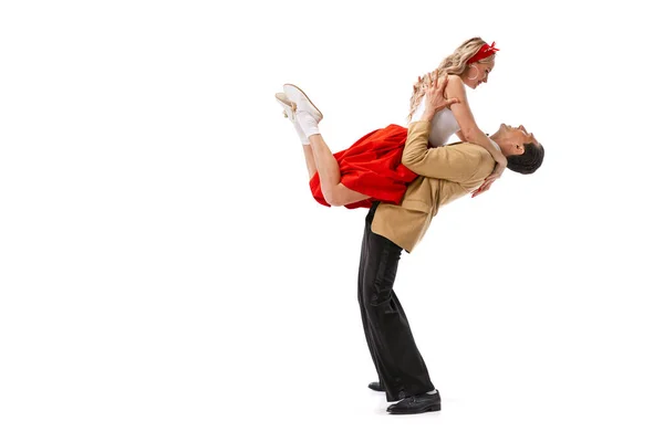 Dynamic Portrait Dancing Couple Vintage Style Clothes Dancing Jumping Isolated — Stock Photo, Image