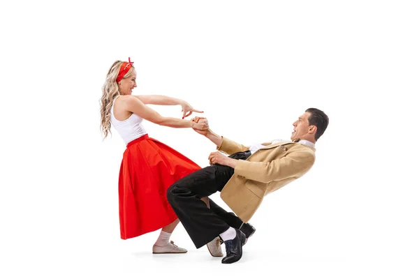 Expressive Couple Dancers Vintage Retro Style Outfits Dancing Social Dance — Stock Photo, Image