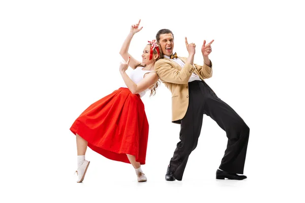 Pareja Expresiva Bailarines Trajes Estilo Retro Vintage Bailando Danza Social —  Fotos de Stock