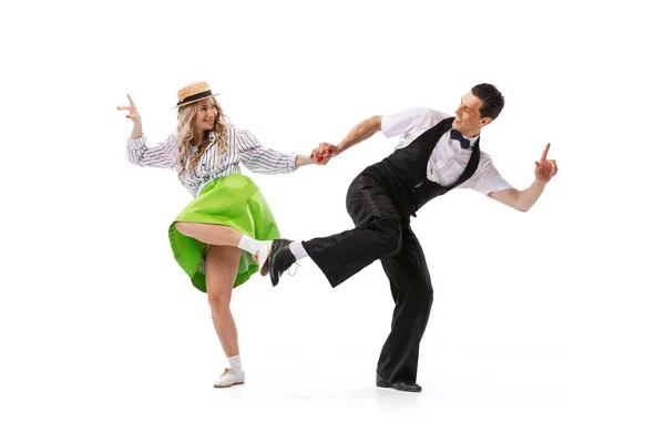 Leven Emoties Opgewonden Jonge Paar Dansers Vintage Retro Stijl Outfits — Stockfoto